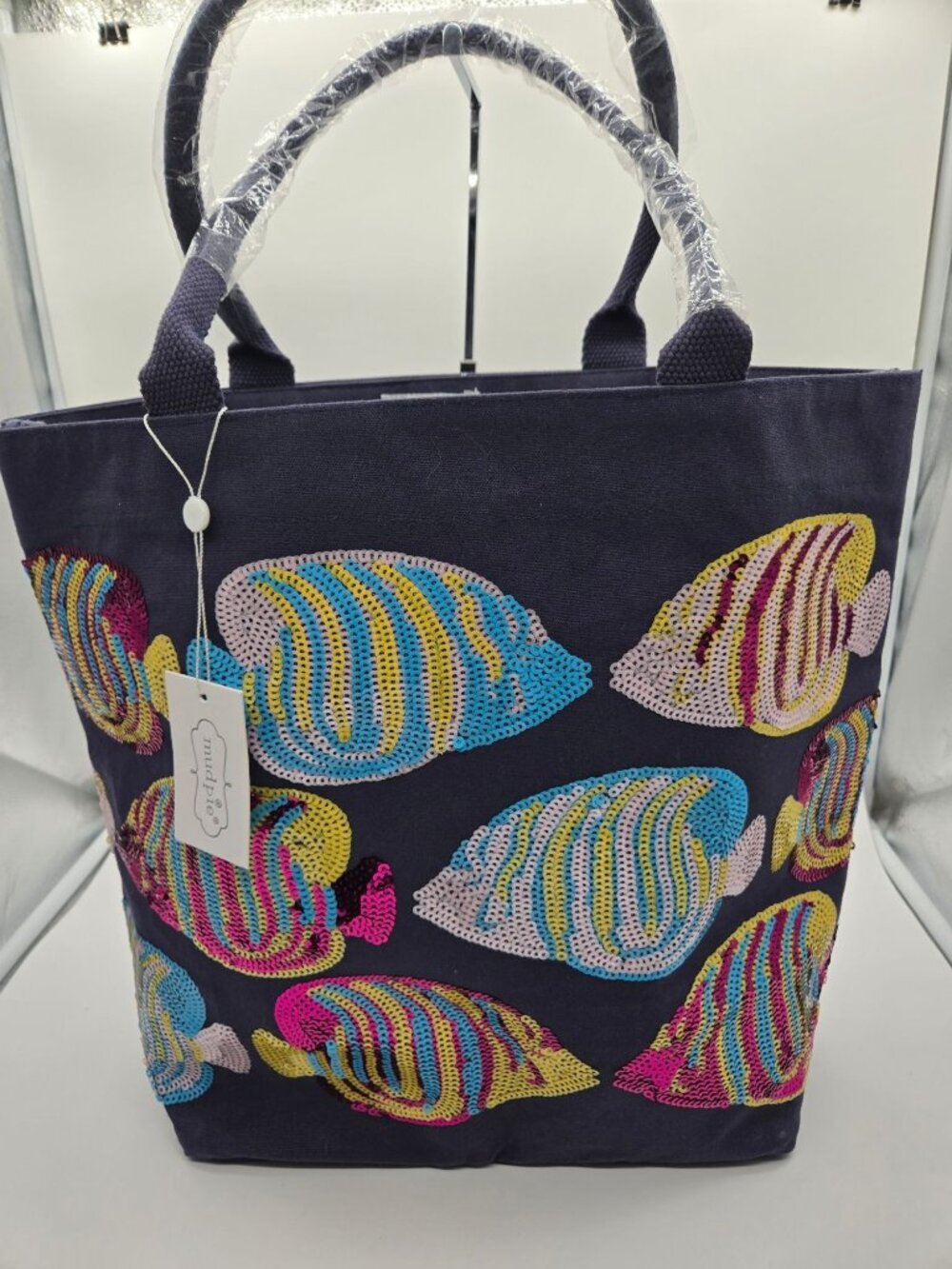 MudPie Navy Blue Canvas Sequin Fish Beach Tote Bag NWT Travel Pool Shopper